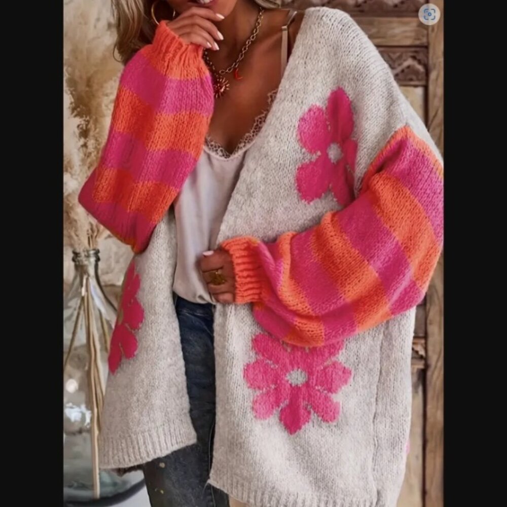 WHITE Pink and Orange Striped and Floral Knit Cardigan Sweater NEW sz L